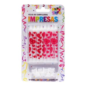 VELAS IMPRESAS BLANCAS C/ CORAZONES ROJOS Y MAGENT