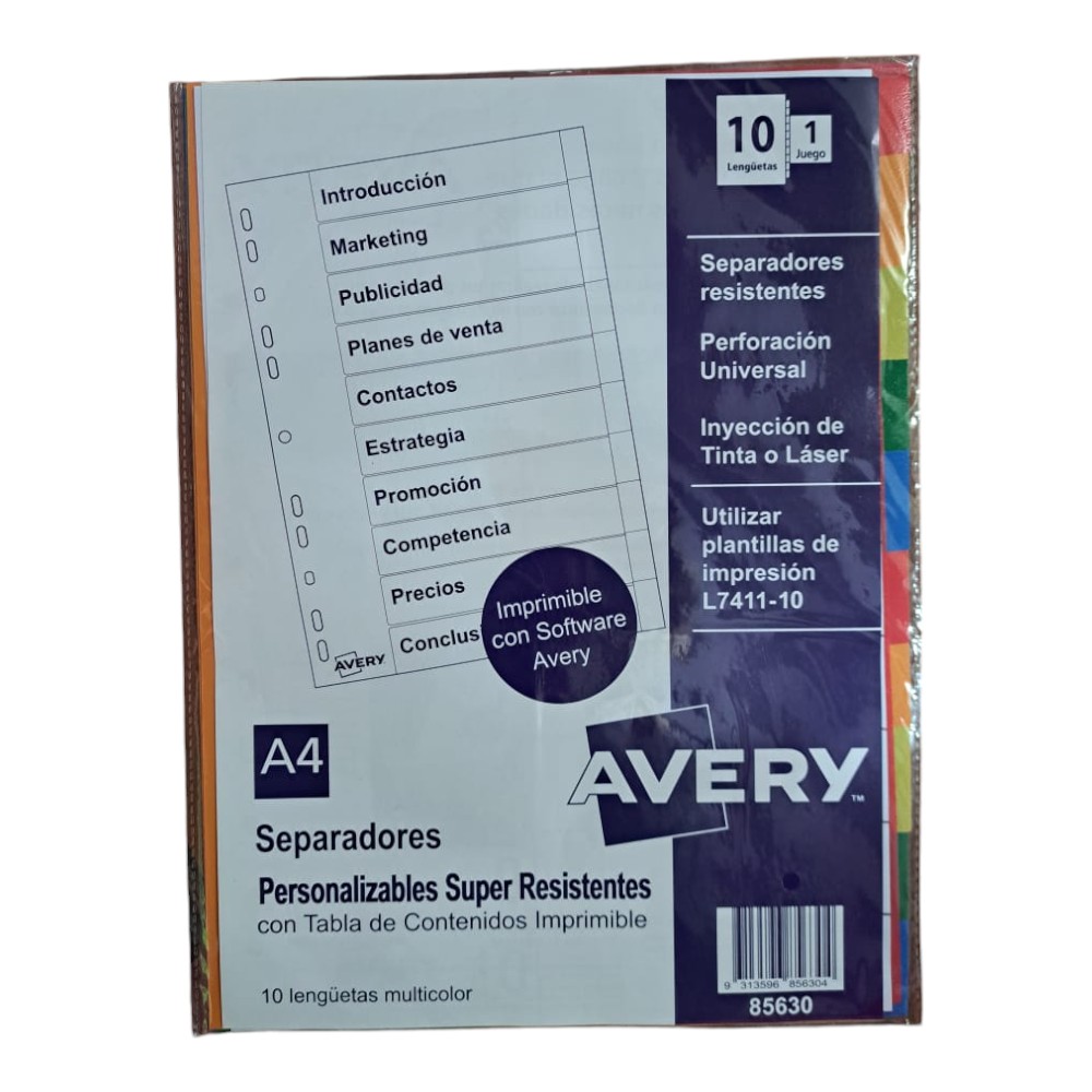 SEPARADOR A4 AVEREYSA PP 10 TABULACIONES C/U /85630