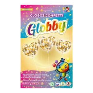 GLOBBY 12" CORAZON C/CONFETTI ESTRELLAS DOR. - 6 u.