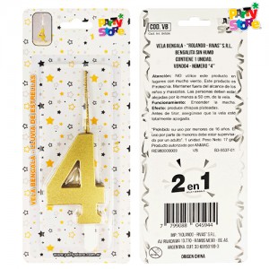 VELA BENGALA NUMERO DORADA Nº4 C/U PARTY STORE